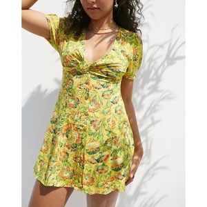 Urban Outfitters Bettie Twist-Front Yellow Floral plunge Mini Dress